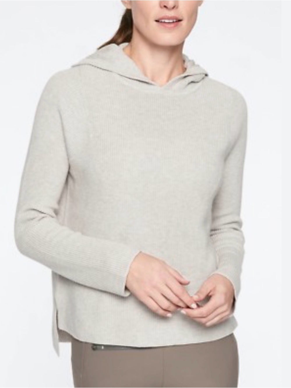 Athleta Rest Day Knit Pullover Sweater XL Dove Grey Pima Cotton Ribbed Hood EUC